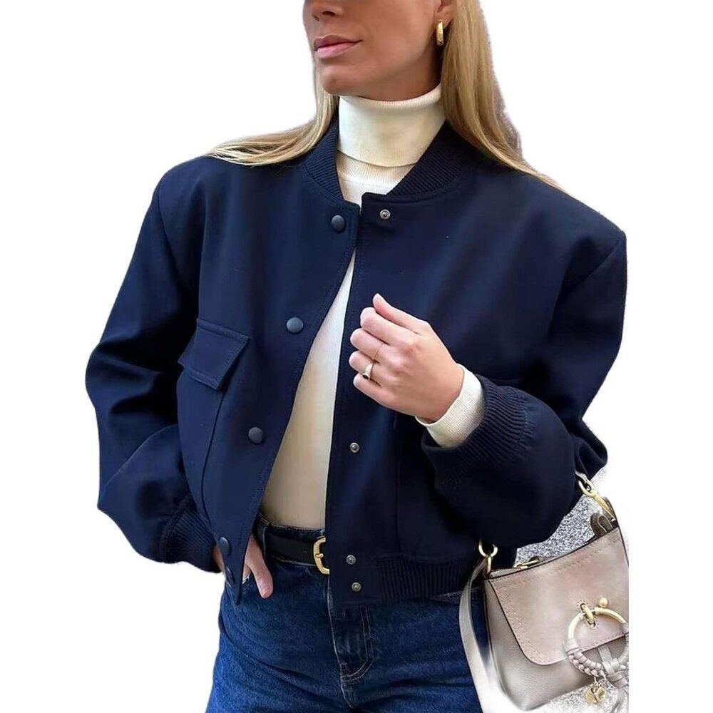 🆕Women Dark blue Cropped Bomber Jacket Button Down Varsity Shacket with Pockets